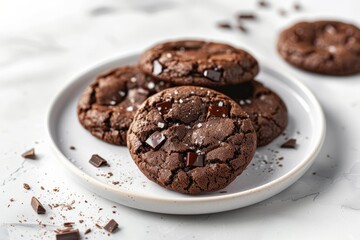 Close-up of melted chocolate cookies on white plate. AI image