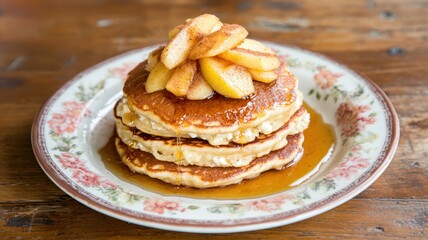 A cozy breakfast with a stack of cottage cheese pancakes topped with caramelized apples and cinnamon syrup on a vintage plate.