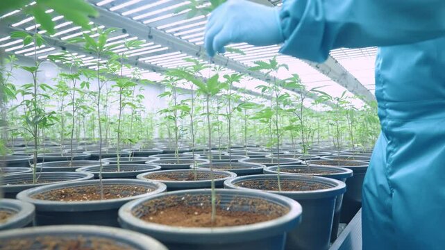 Baby Plant quality check inside bright huge plantation farm, cannabis extraction product, greenhouse closed environment growing, thc cbd for alternative medication, organic soil planters, hemp herb