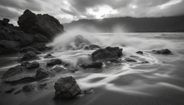 Monochrome seascape captures waves crashing over rocks under stormy sky