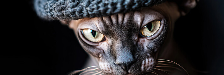 Close-up Portrait of a Sphynx Cat Wearing a Knitted Hat