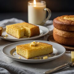 cornbread with new look Homemade sliced cheesecake and the cup of coffee. Un plato de pan de maíz de la cocina americana, servido en una tabla de madera sobre una mesa de madera. El pan de maíz está 