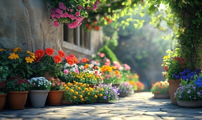 Obraz premium Group of colorful potted flowers arranged in a charming garden corner with sunlight filtering through leafy trees for a lively floral atmosphere