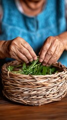 Elderly female hands preparing fresh herbs in woven basket.