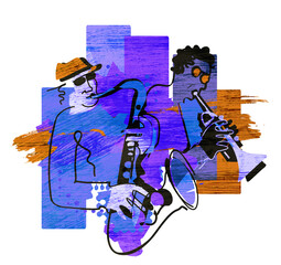Two jazzmen, Jazz theme, trumpet player and saxophonist.
 Expressive colorful Illustration of two jazz musicians. Isolated on white background. 