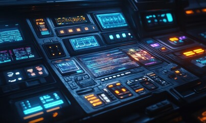 Obraz premium High-tech control panel glowing with multi-colored displays, set in a dimly lit environment for a futuristic ambiance.