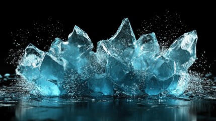 Glowing ice crystals splash on dark surface