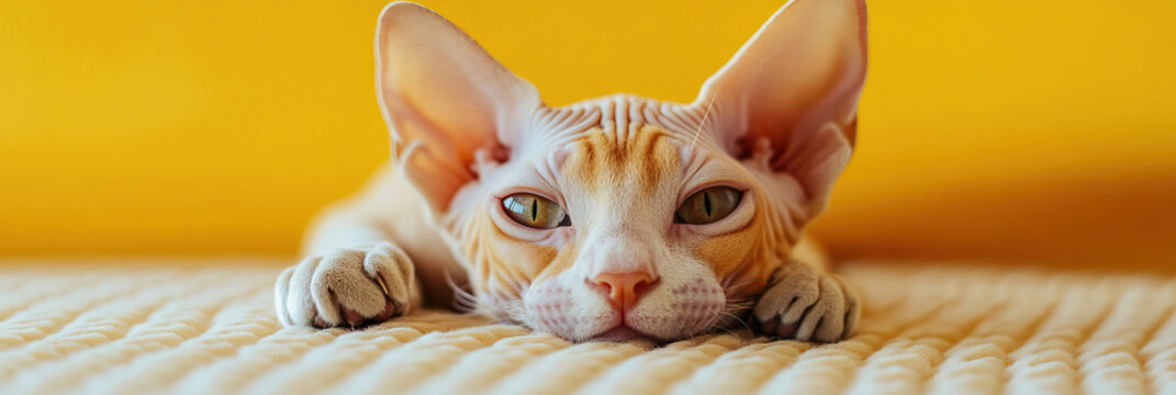 Sphynx Cat on Beige Surface Against Yellow Background