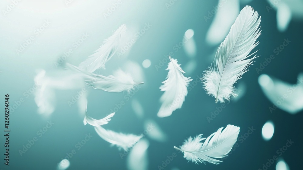 Poster soft white feathers gently descend in a tranquil atmosphere, illuminated by soft, diffused light. ea