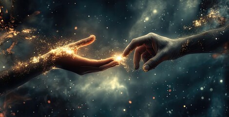 hand touching The metaverse universe, hands, energy exchange
