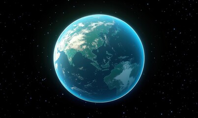 Obraz premium Illuminated view of Earth glowing with soft blue and green hues, suspended in the infinite expanse of outer space.