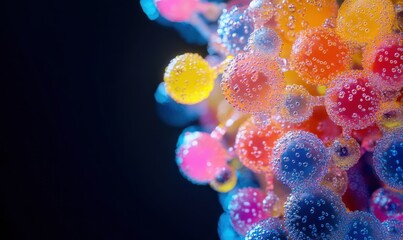 Naklejka premium Intricate molecular representation of sugar molecules, glowing in bright primary colors against a futuristic black gradient.