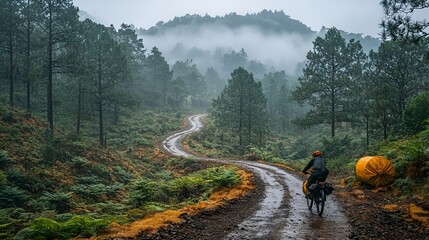 Rainy mountain road cyclist, misty forest, adventure