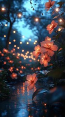 Glowing flowers bloom near tranquil stream at dusk