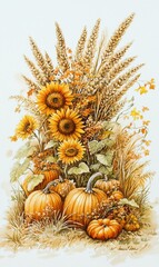 Sunflowers, pumpkins, wheat, and autumn leaves create a festive fall harvest scene