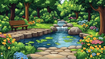 Serene park pond waterfall bench flowers