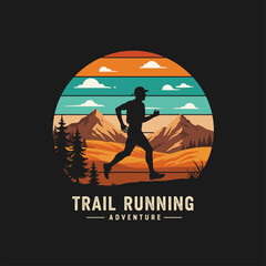 Trail Running Adventure Silhouette in Mountains Landscape with Retro Style