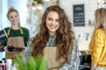 Smiling young caucasian female hairdresser in salon with happy clients.
