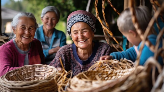 Elderly caucasian women and young boy enjoying basket weaving outdoors.