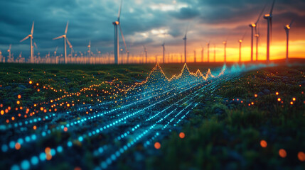 Renewable Energy Revolution, Wind Turbines and Data Visualization at Sunset, Concept of the Integration of Sustainable Agriculture Technology in Glowing Crop Field