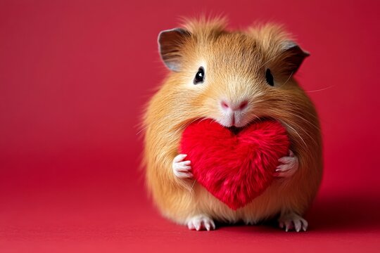 Commercial conceptual art. Guinea pig - my desired animal. Cute guinea pig baby with fluffy red heart - sign of love, funny greeting card. Promotion concept. Wild valentine's ideas.