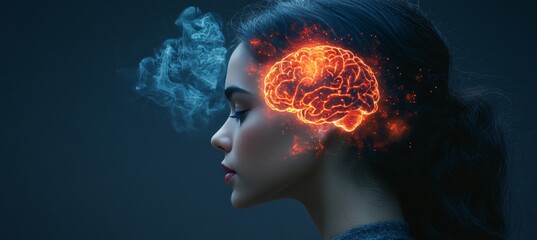 Woman Profile Digital Glowing Brain Overlay, Particles, Dramatic Background, Mystical Concept
