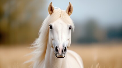 Obraz premium a white horse standing in a field of tall grass, with a blurred background