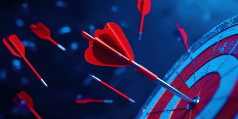Red arrow is shot at a target with many other arrows scattered around it