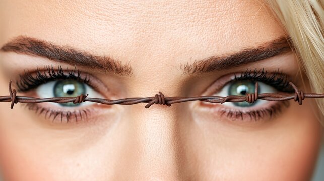  a woman with a barbed wire wrapped around her eyes, emphasizing the importance of avoiding contact lenses