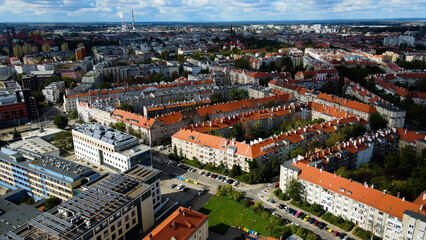 Drone view of European modern city Wroclaw Poland