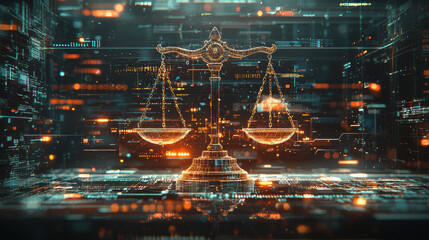Digital scale balancing justice and bias in the age of artificial intelligence with glowing algorithmic patterns and cybernetic textures