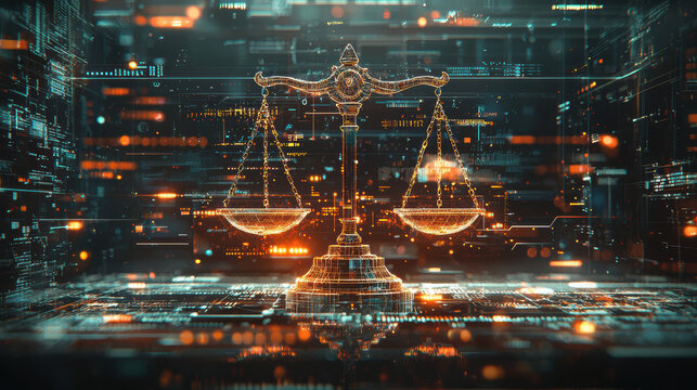 Digital scale balancing justice and bias in the age of artificial intelligence with glowing algorithmic patterns and cybernetic textures