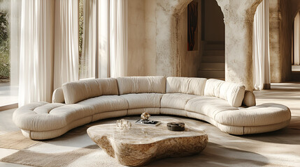 Elegant living room featuring a curved sectional sofa and organic coffee table in a sunlit architectural space.