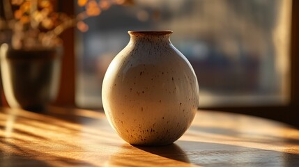 Speckled vase sunlit wooden table autumnal background