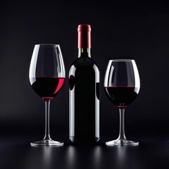 Bottle of red wine is next to two wine glasses