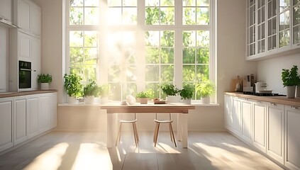 Sunny white kitchen with garden view