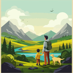 Father Son and Dog Hiking in Mountain Landscape with River View