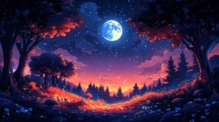 Enchanting moonlit forest path glowing dusk