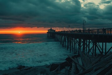 Naklejka premium Oceanside Pier at Sunset. Pier Over Water Against Orange Sky in Coastal Landscape