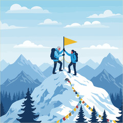 Climbers Reaching Mountain Peak with Flag Achieving Success Together