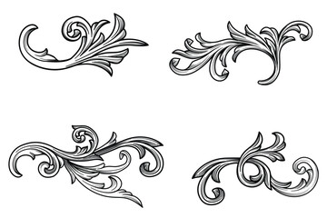 Set art deco floral ornaments elements. Baroque, filigree, flourish engraving Ornamental design, lace border, frame and corners vector illustration