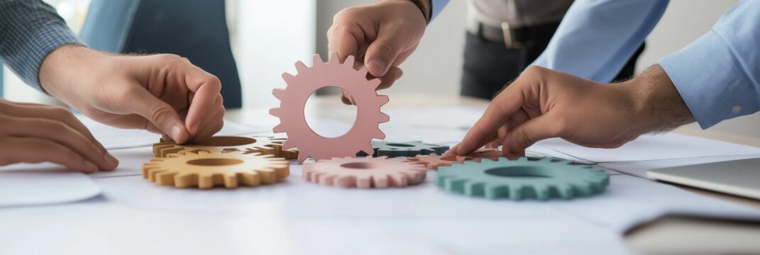 A group of people are working together to assemble a puzzle. The puzzle is made up of gears, and the people are trying to put them together. Concept of teamwork and collaboration - Powered by Adobe