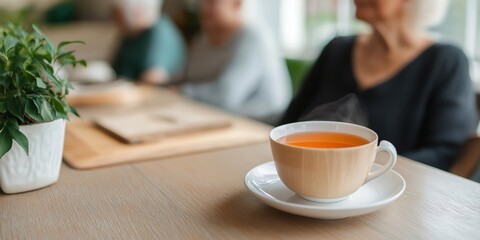 Fototapeta premium A woman is sitting at a table with a cup of tea in front of her. The tea is hot and the cup is white. The woman is looking at the camera