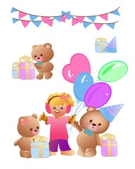 bear's birthday a lot of gifts and balloons