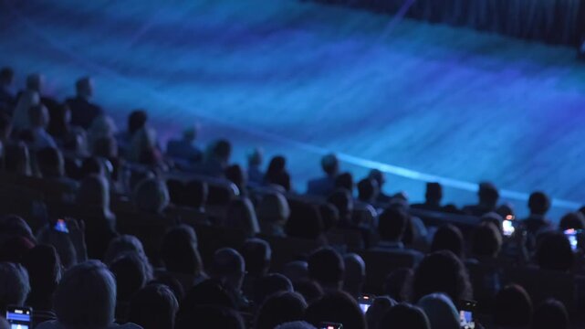 Crowd watching a stage performance from behind, with audience members capturing moments on smartphones.