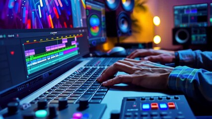 Video editing. Focused shot of editor's hands on a professional software timeline, with vibrant video audio tracks