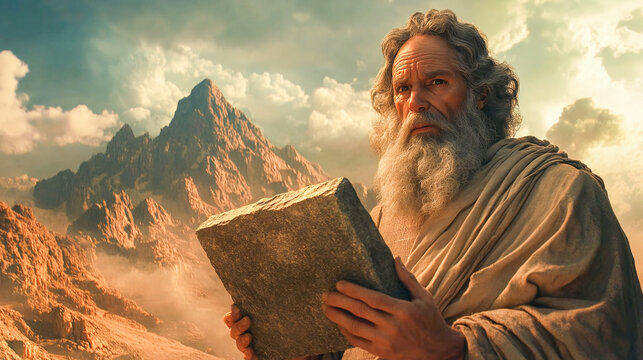 Moses stands atop Mount Sinai, illuminated by the golden sunset, holding the stone tablets inscribed with the Ten Commandments