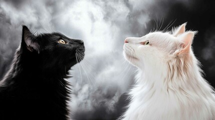 Obraz premium two cats, one black and one white, looking up at each other with a cloudy sky in the background