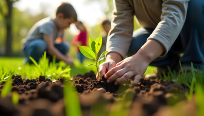 planting tree seedlings in the park, blur background. Commemorating earth day