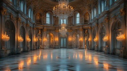 Grand ballroom, opulent chandeliers, marble floor, regal ambiance